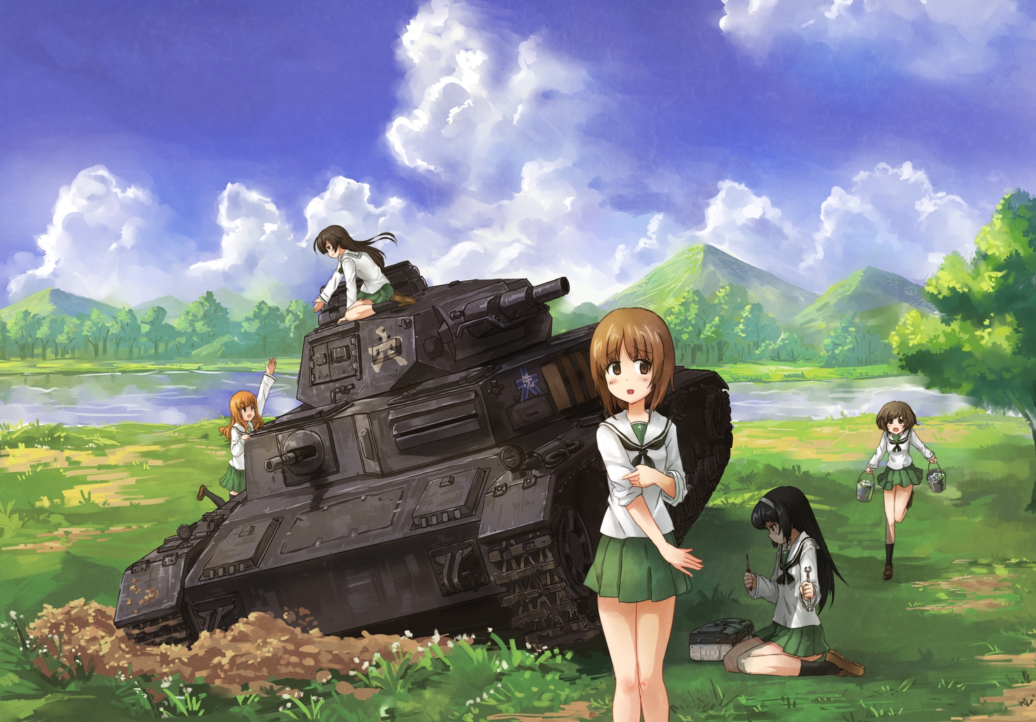 akiyama_yukari, black_hair, brown_hair, clouds, combat_vehicle, girls_und_panzer, group, headband