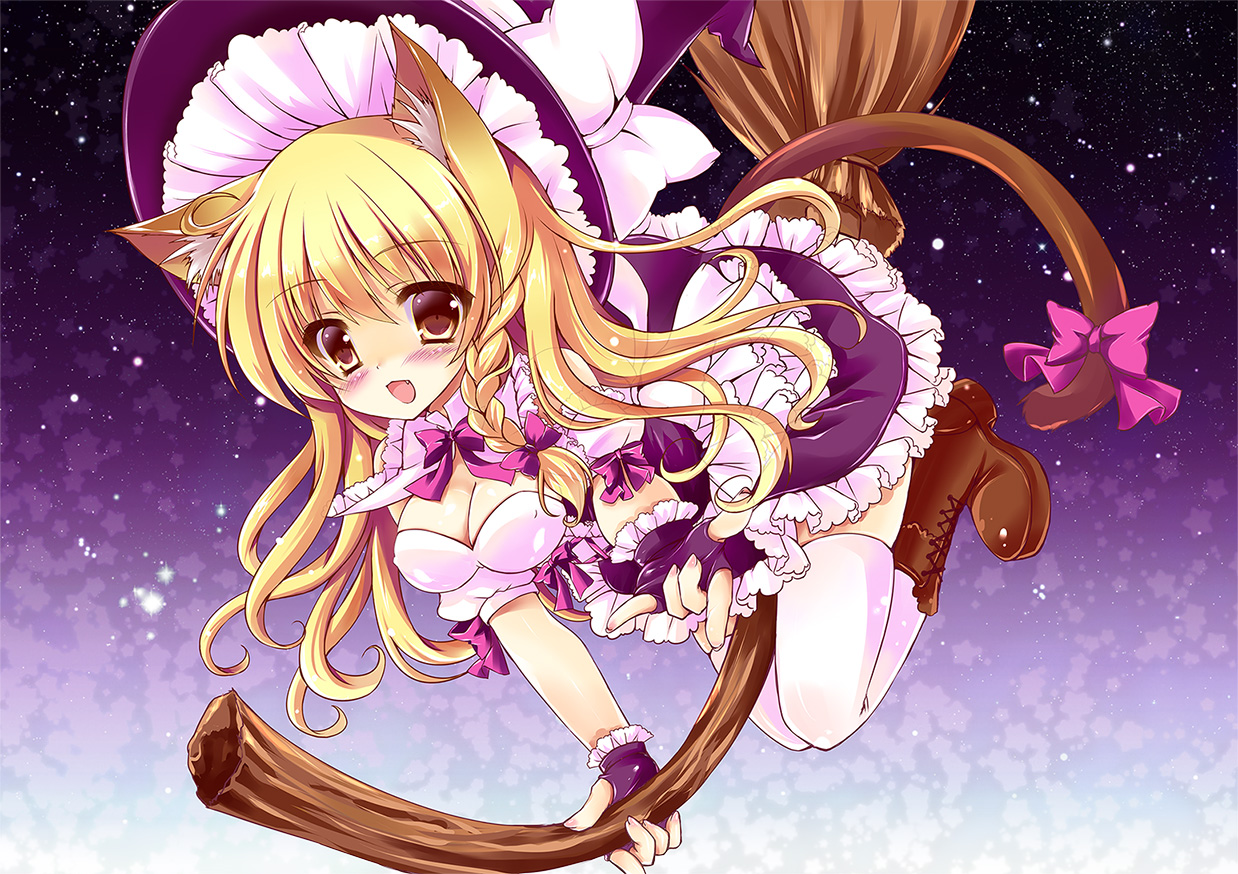 animal_ears, blonde_hair, breasts, catgirl, cleavage, erect_nipples, hat, honoka_(moe-moeko), jpeg_artifacts, kirisame_marisa, tail, thighhighs, touhou, witch