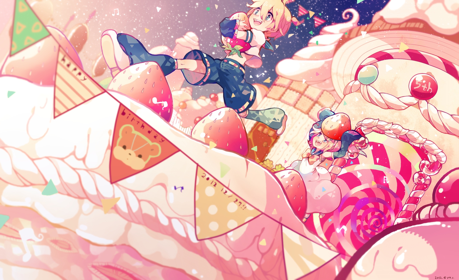 blonde_hair, bow, cake, food, fruit, green_eyes, kagamine_len, kagamine_rin