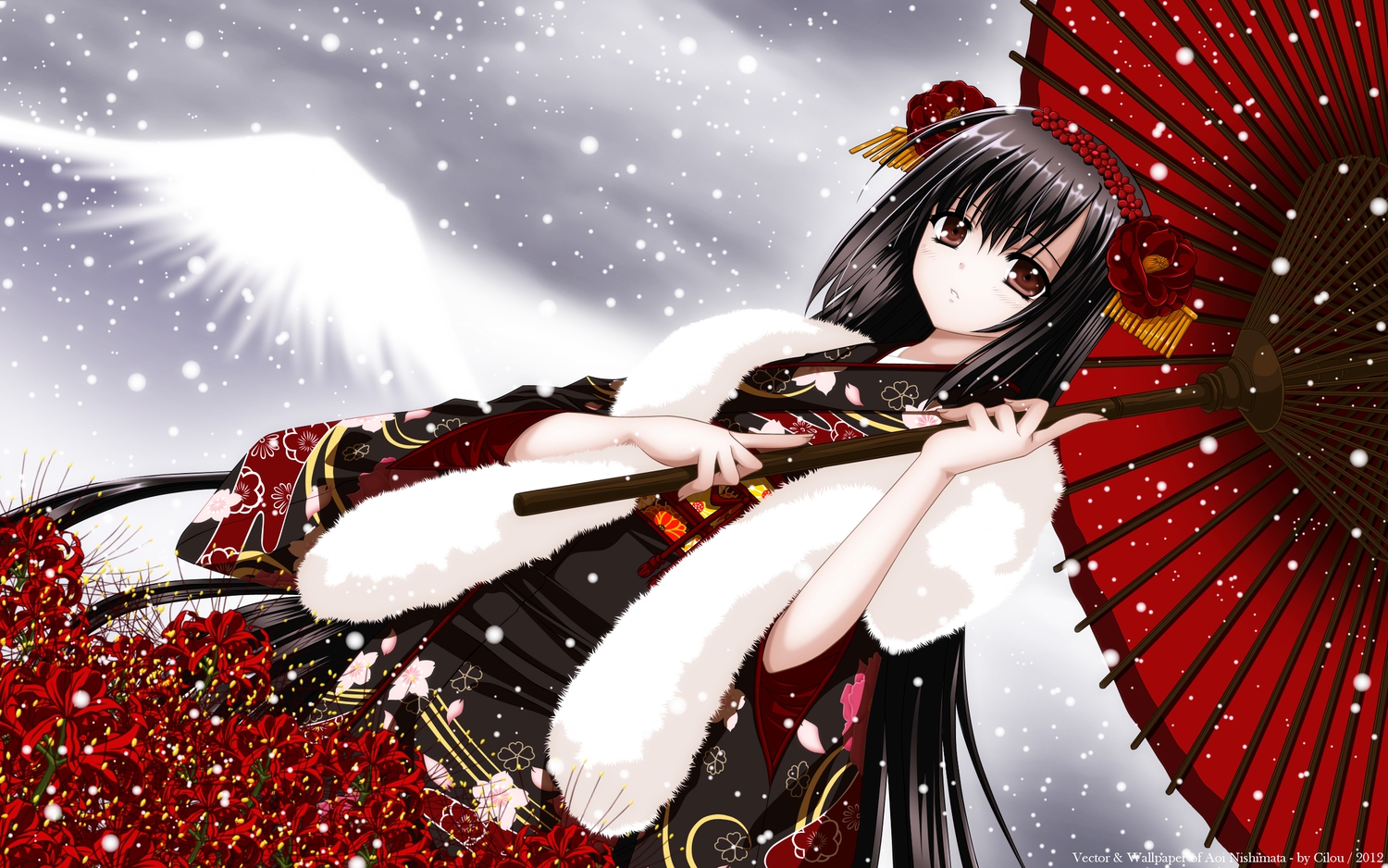 flowers, japanese_clothes, nishimata_aoi, red_eyes, umbrella, vector, wings, yukata