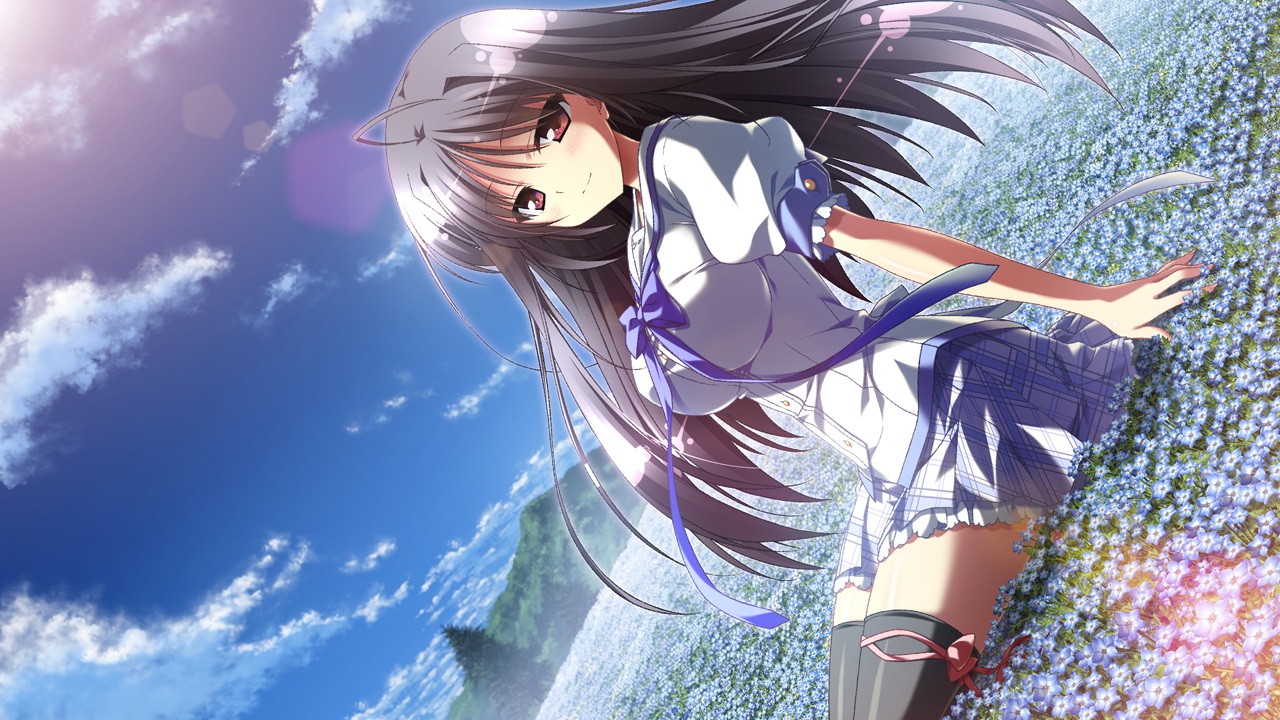 black_hair, flowers, game_cg, long_hair, minori, natsuzora_no_perseus, school_uniform, shouna_mitsuishi, thighhighs, toono_ren