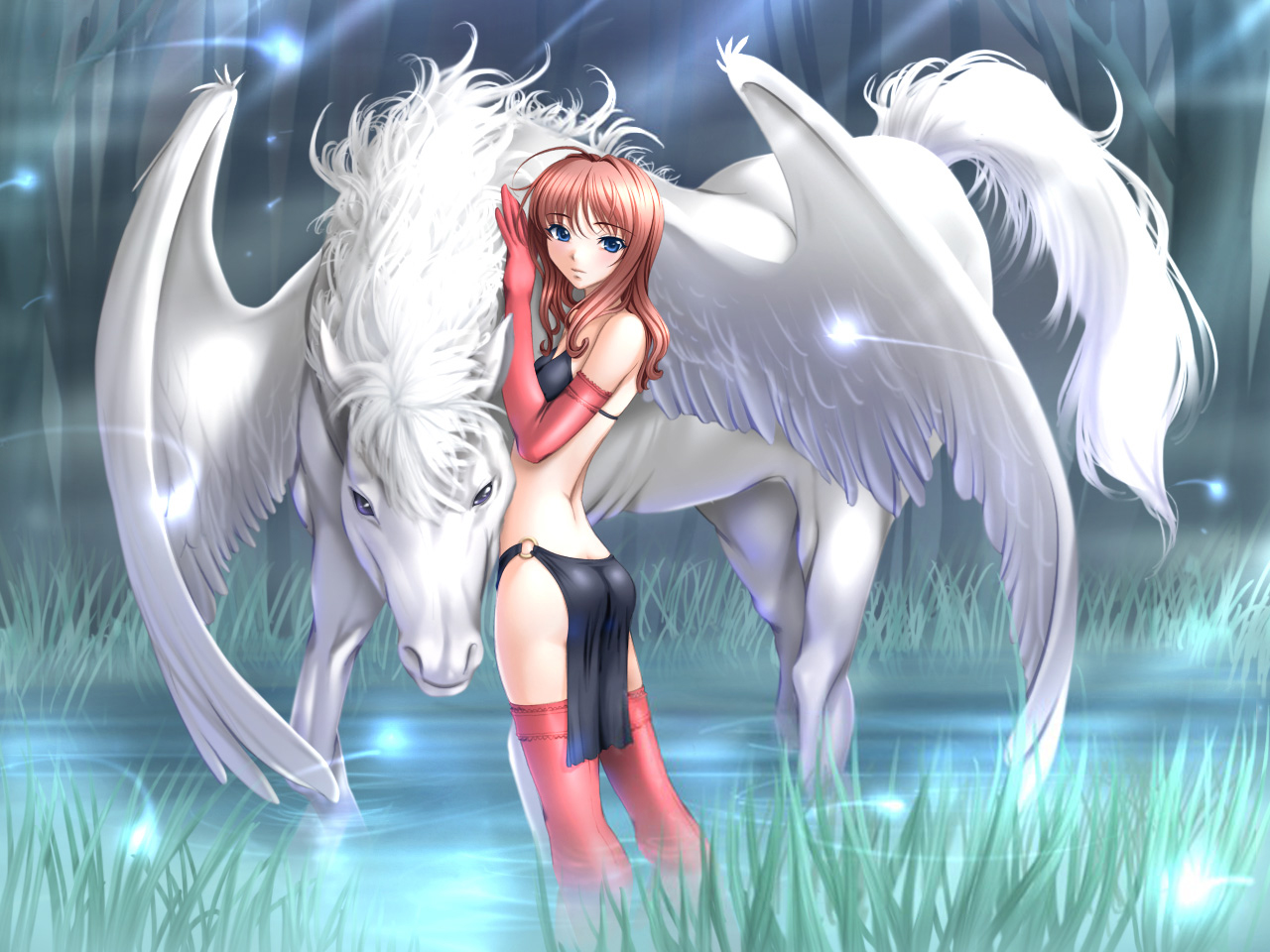 animal, ass, bikini, blue_eyes, game_cg, horse, pegasus, pink_hair