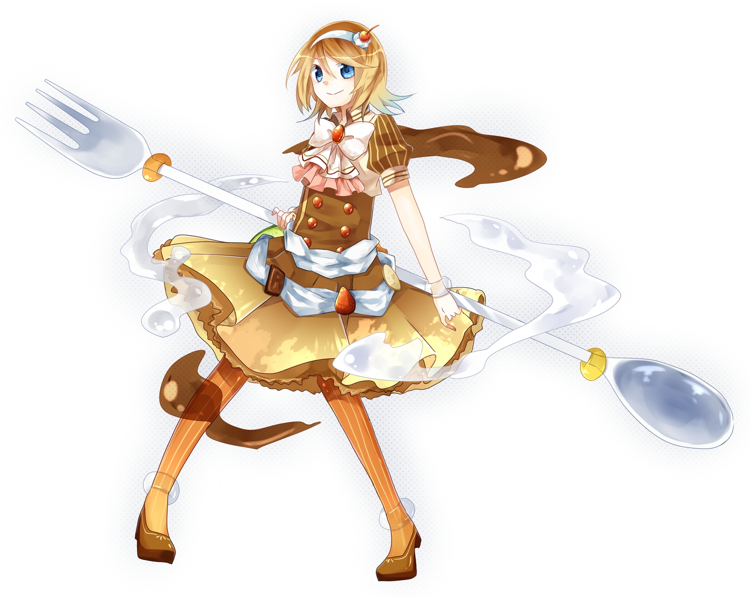 blonde_hair, blue_eyes, bow, cherry, dress, food, fruit, hanagerian, kagamine_rin, pantyhose, strawberry, vocaloid