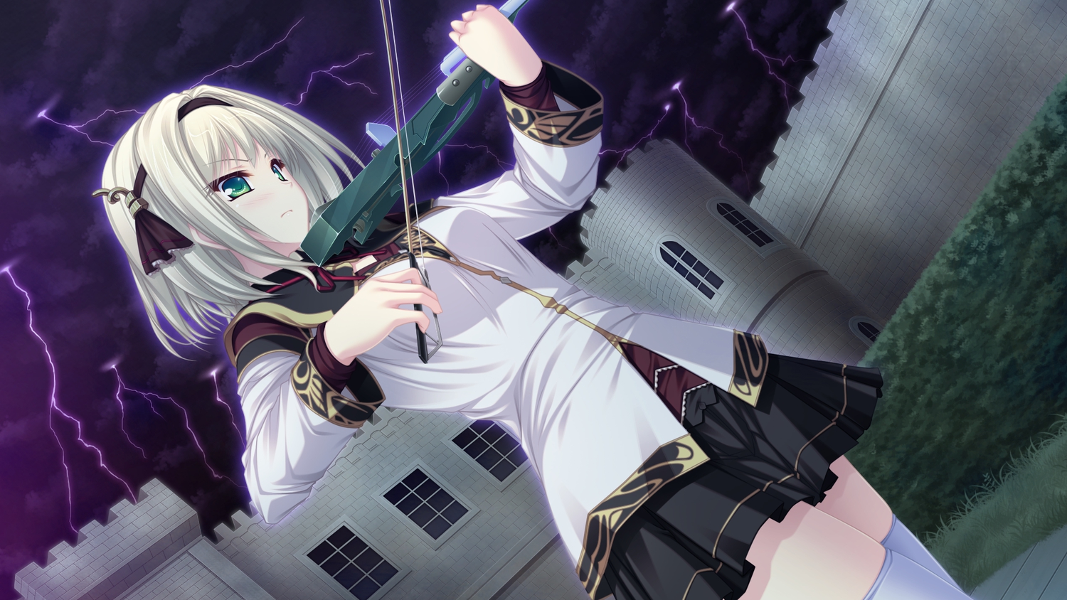 blonde_hair, cynthia_orlando, game_cg, green_eyes, instrument, ryuuyoku_no_melodia, school_uniform, tenmaso