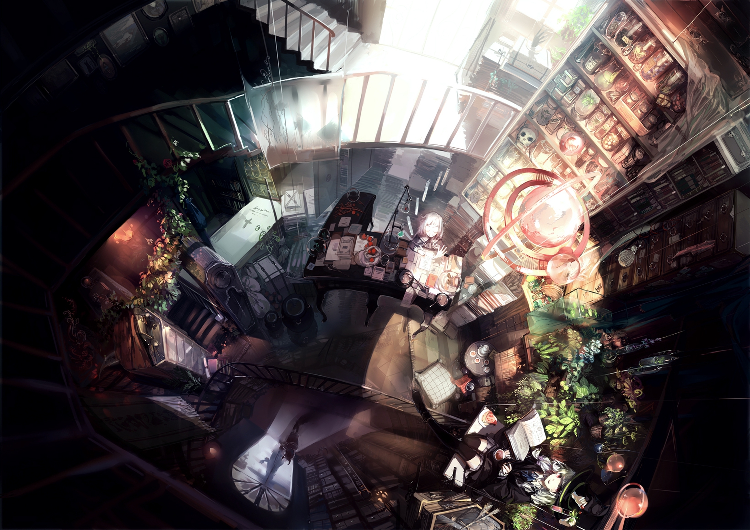 book, cake, drink, flowers, food, h2so4kancel, hat, horns, landscape, long_hair, magic, original, red_eyes, ribbons, scenic, school_uniform, skirt, skull, stockings, thighhighs, white_hair, witch, witch_hat