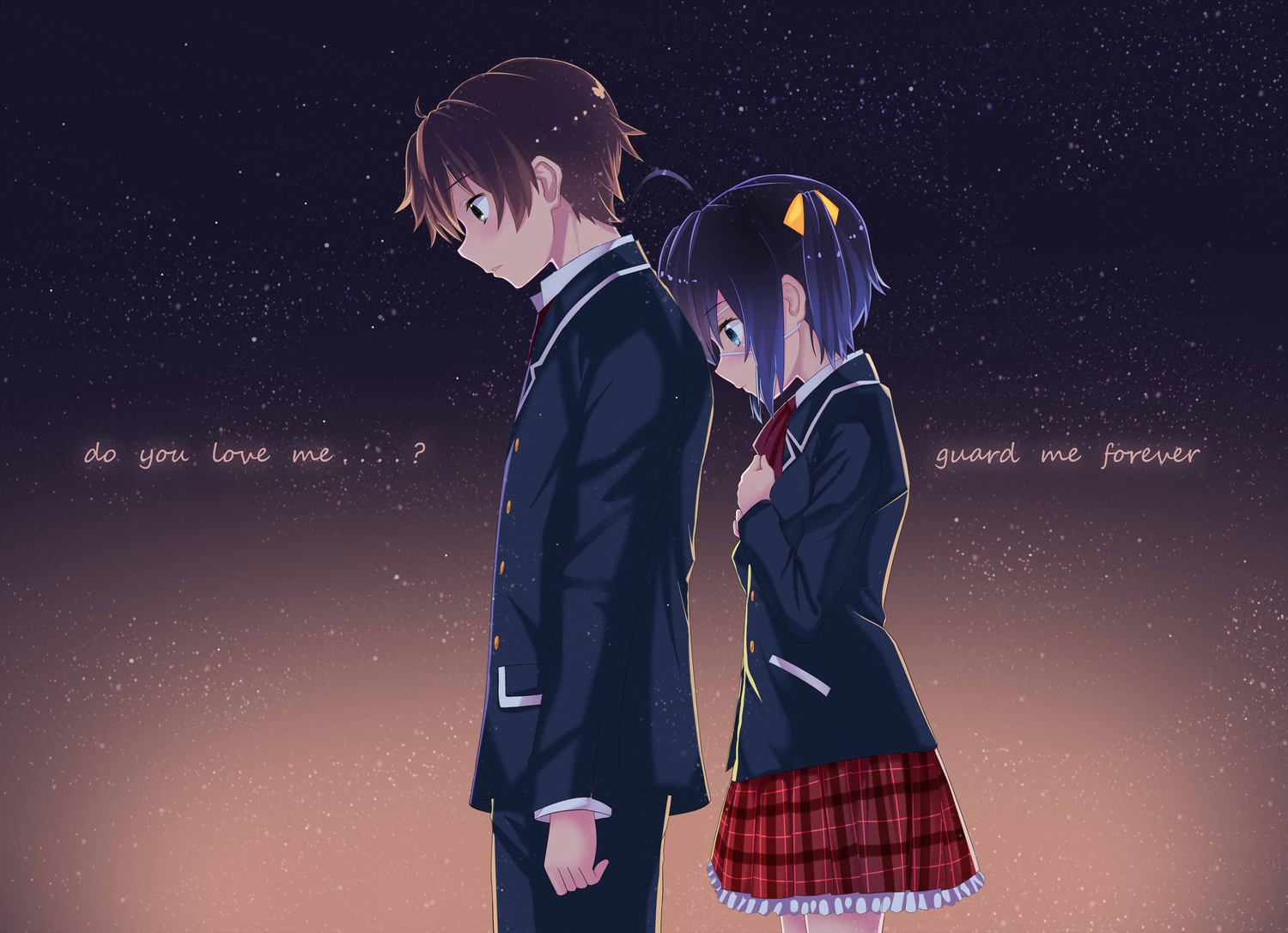 chuunibyou_demo_koi_ga_shitai!, eyepatch, hamachi_hazuki, male, night, school_uniform, short_hair, skirt, stars, takanashi_rikka, togashi_yuuta