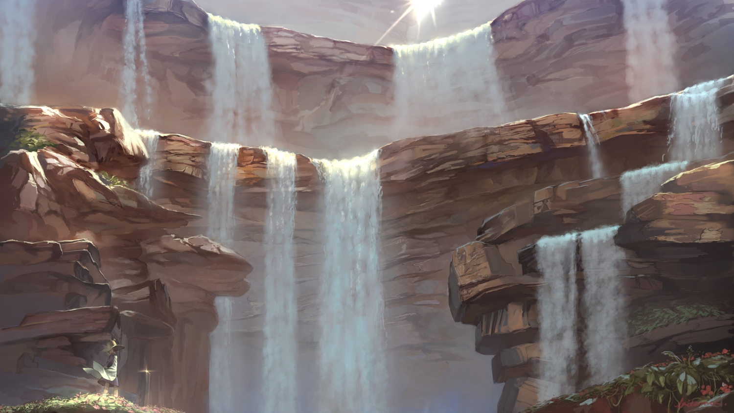 benitama, landscape, moriya_suwako, scenic, touhou, water, waterfall