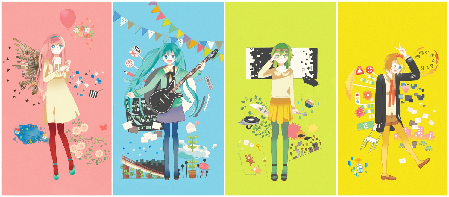 ama_no_jaku_(vocaloid), animal, blonde_hair, blue_eyes, blue_hair, bokura_no_16bit_warz_(vocaloid), bow, calc._(vocaloid), cat, clock_lock_works_(vocaloid), clouds, flowers, glasses, green_eyes, green_hair, guitar, gumi, hatsune_miku, hello_planet_(vocaloid), instrument, just_be_friends_(vocaloid), kagamine_rin, kokoro_(vocaloid), megurine_luka, moon, ori_(io1212ri), pink_hair, skirt, stars, teddy_bear, tie, twintails, umbrella, ura-omote_lovers_(vocaloid), vocaloid, wink, yowamushi_montblanc_(vocaloid)