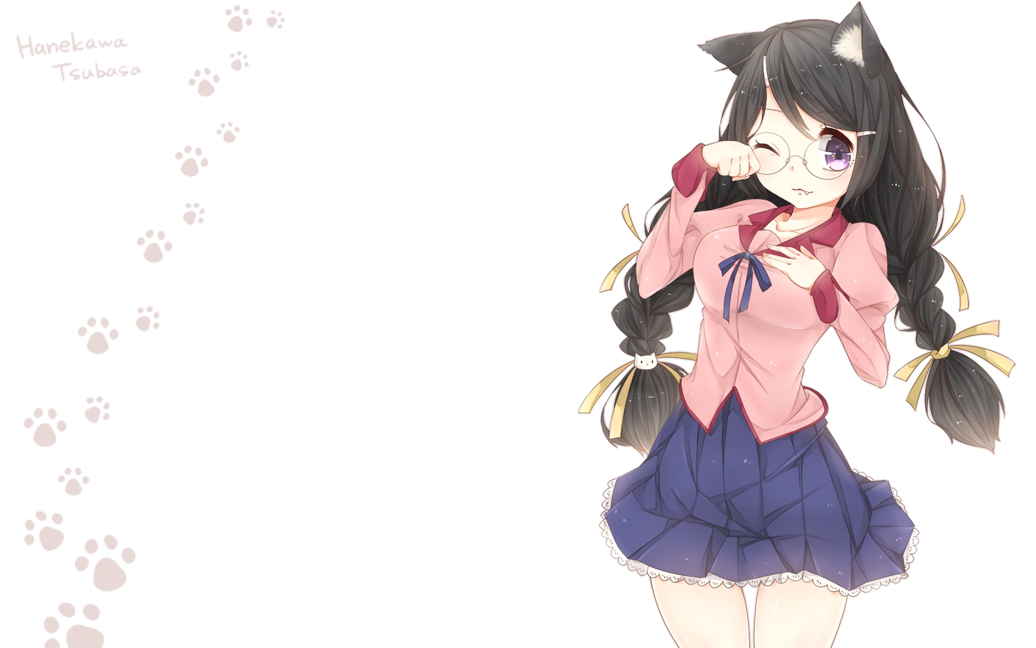 animal_ears, black_hair, braids, catgirl, cat_smile, fang, glasses, hanekawa_tsubasa, monogatari_(series), nekomonogatari, purple_eyes, school_uniform, skirt, twintails, umeno_(shio1205), wink