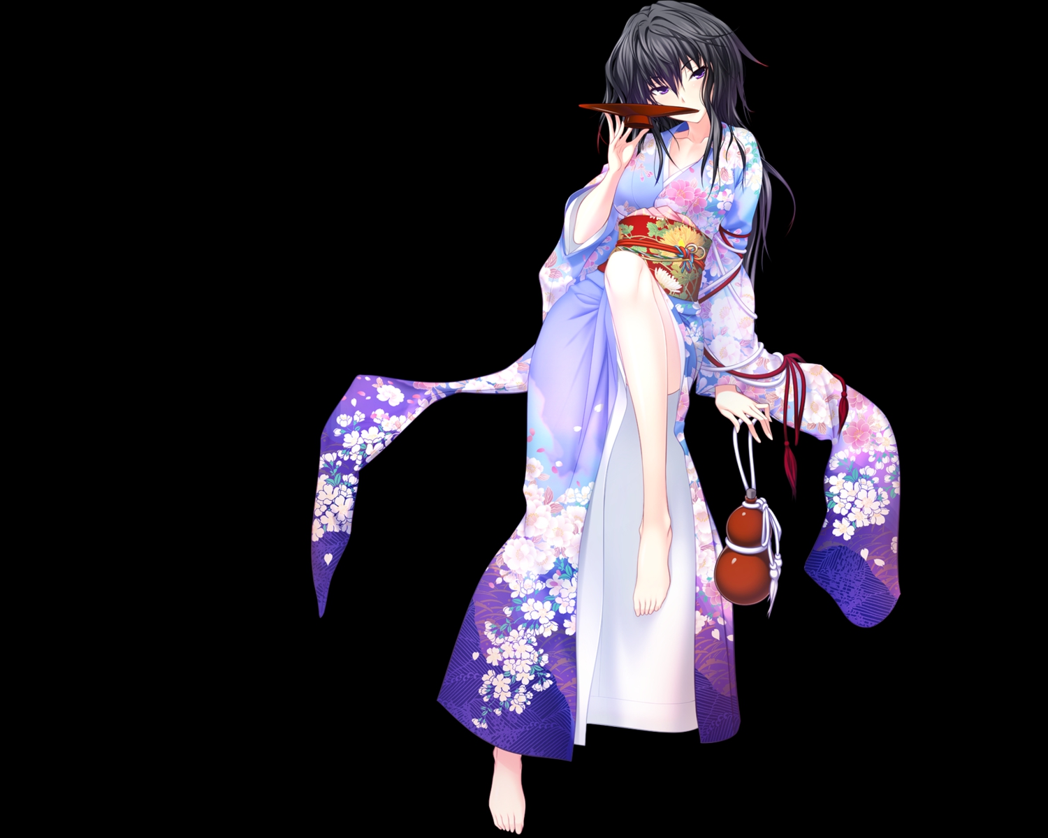 barefoot, black_hair, drink, japanese_clothes, kawagishi_keitarou, kimono, long_hair, maji_de_watashi_ni_koi_shinasai!, musashibou_benkei, sake, transparent