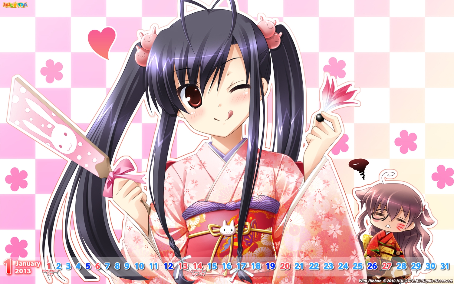 calendar, haruka_hinata, hosaka_hina, hulotte, ikegami_akane, japanese_clothes, kimono, long_hair, twintails, wink, with_ribbon