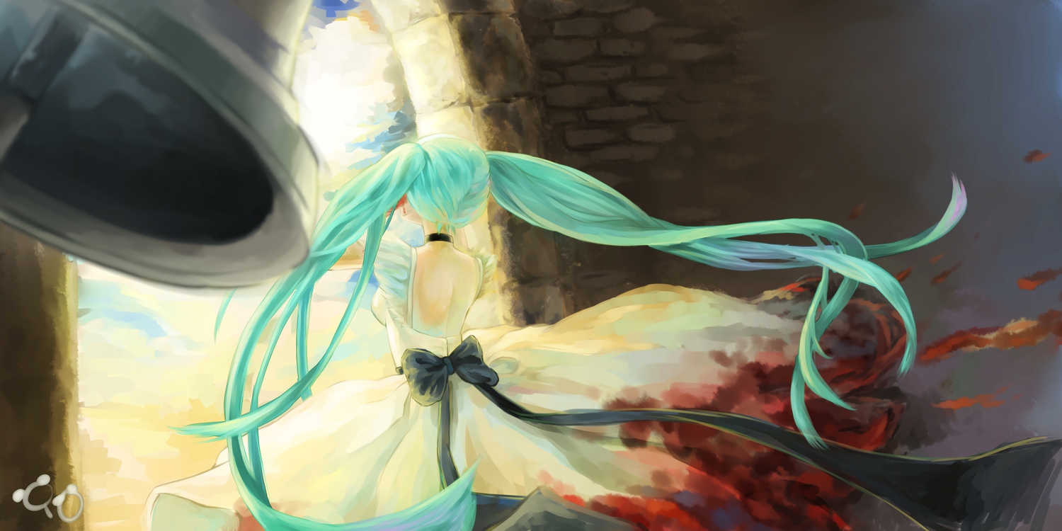 aqua_hair, blood, bow, cendrillon_(vocaloid), collar, dress, hatsune_miku, long_hair, twintails, vocaloid, yu_(dryads)