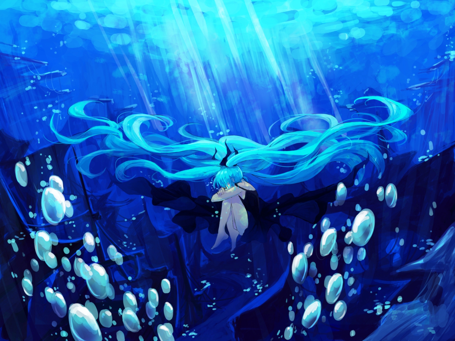 bubbles, deep-sea_girl_(vocaloid), hatsune_miku, lyrah777, twintails, underwater, vocaloid, water