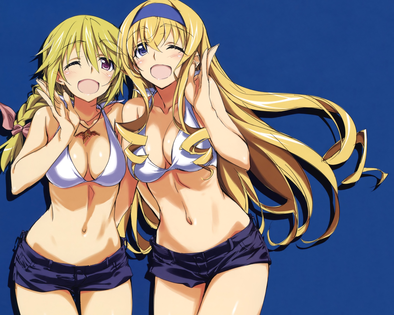 2girls, bikini_top, blonde_hair, blue, braids, breasts, cecilia_alcott, charlotte_dunois, cleavage, cropped, infinite_stratos, kurashima_tomoyasu, long_hair, necklace, wink