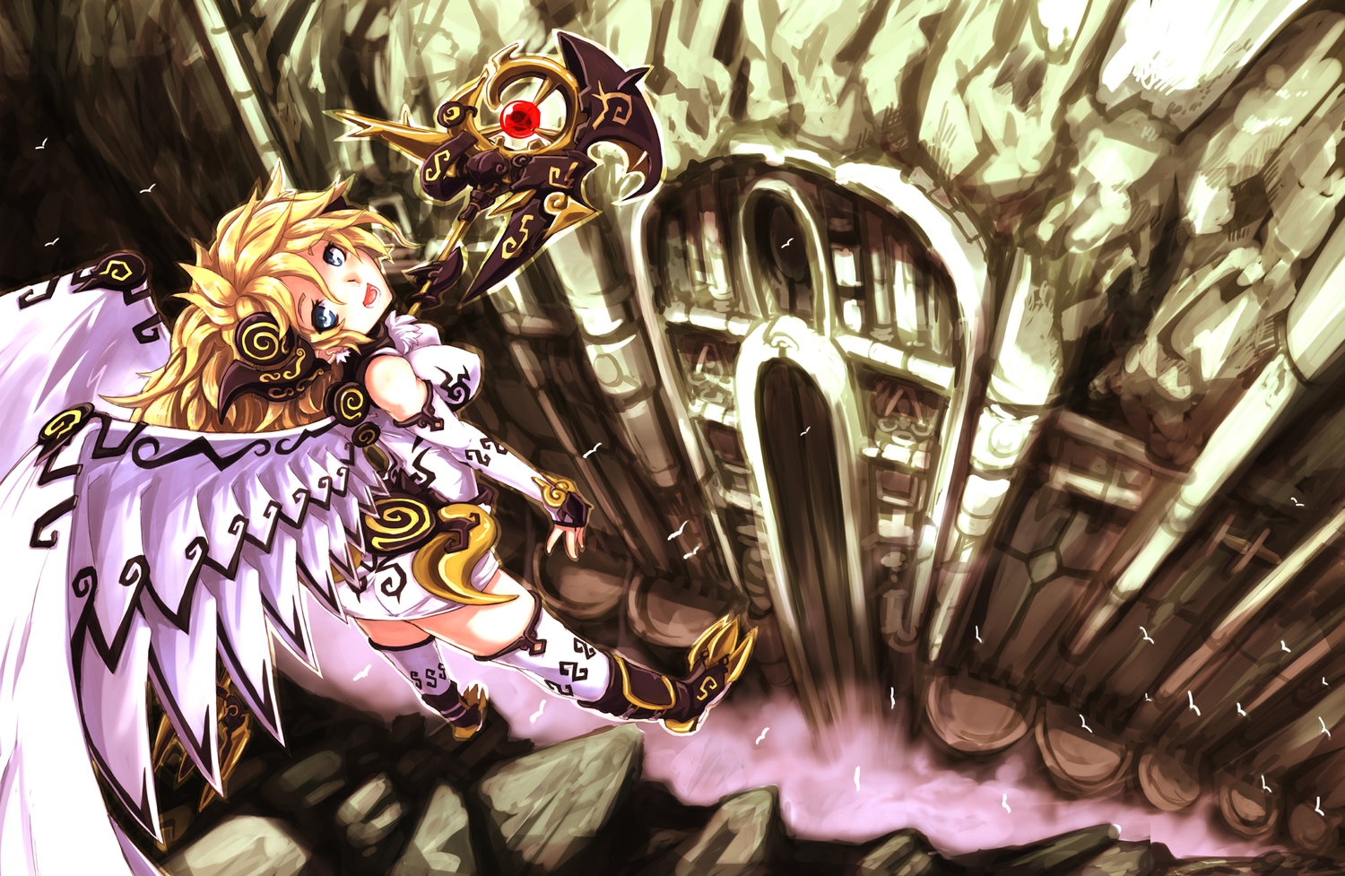 angel, animal, bird, blonde_hair, sonjow4, staff, tagme, wings