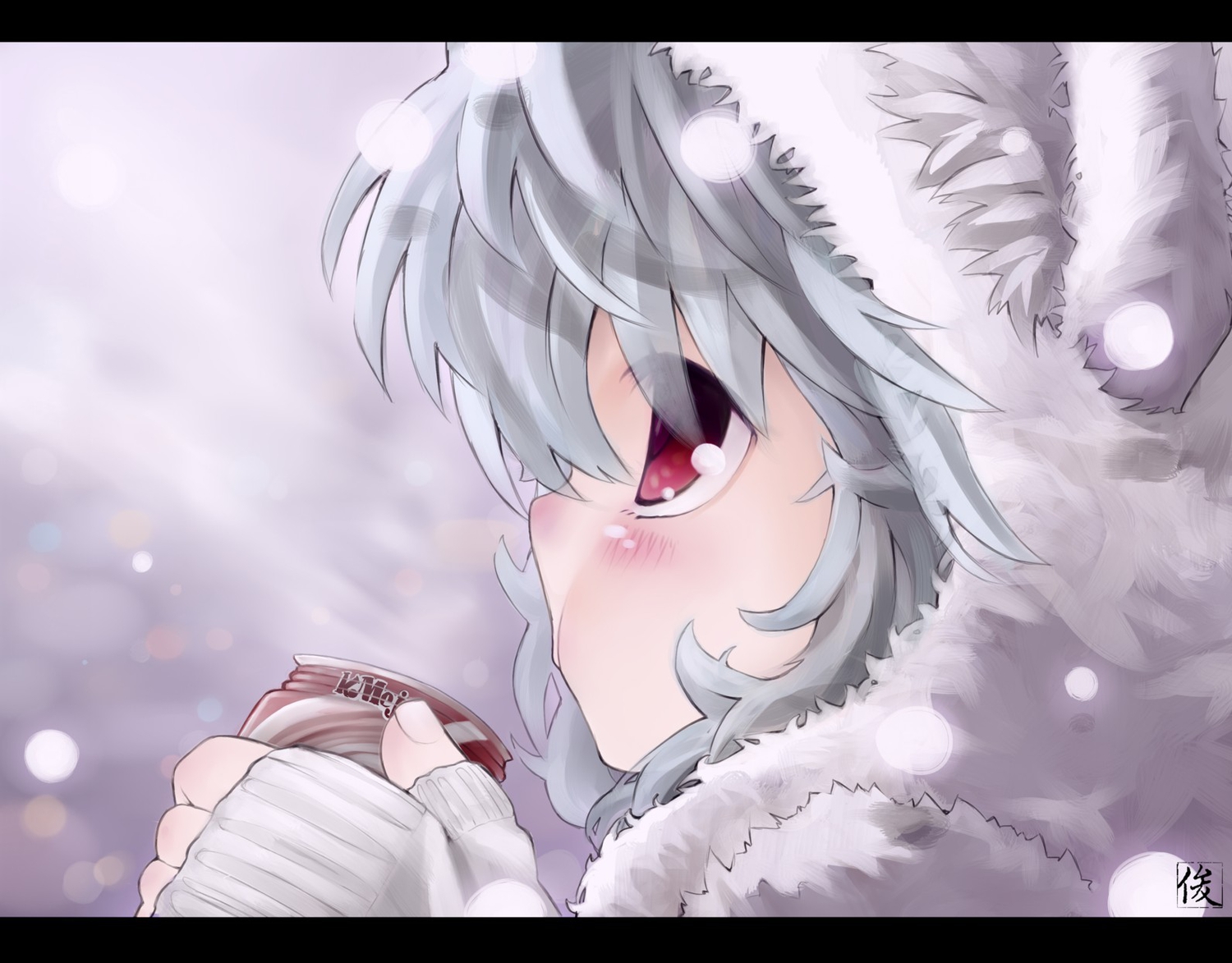 blush, close, drink, gray_hair, hood, red_eyes, remilia_scarlet, shunsuke, snow, touhou