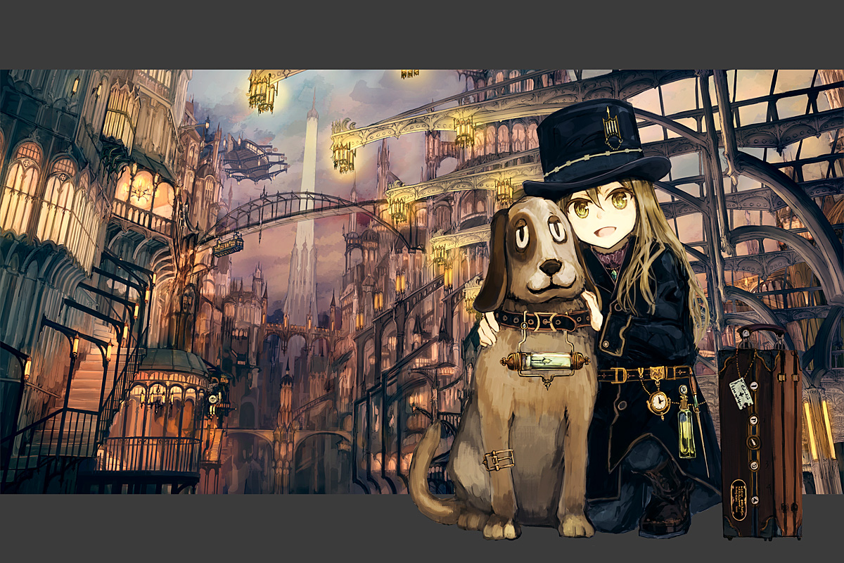 aircraft, animal, blonde_hair, city, dog, hat, hatoya_hato, long_hair, original, yellow_eyes