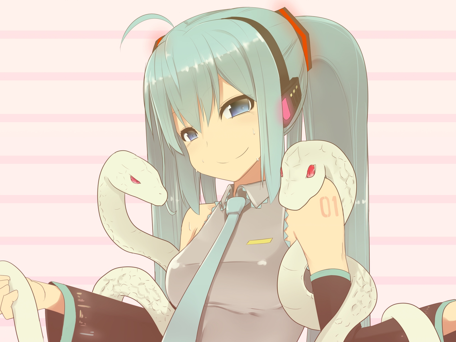 animal, aqua_eyes, aqua_hair, hatsune_miku, pon_(shind_997), snake, tie, twintails, vocaloid