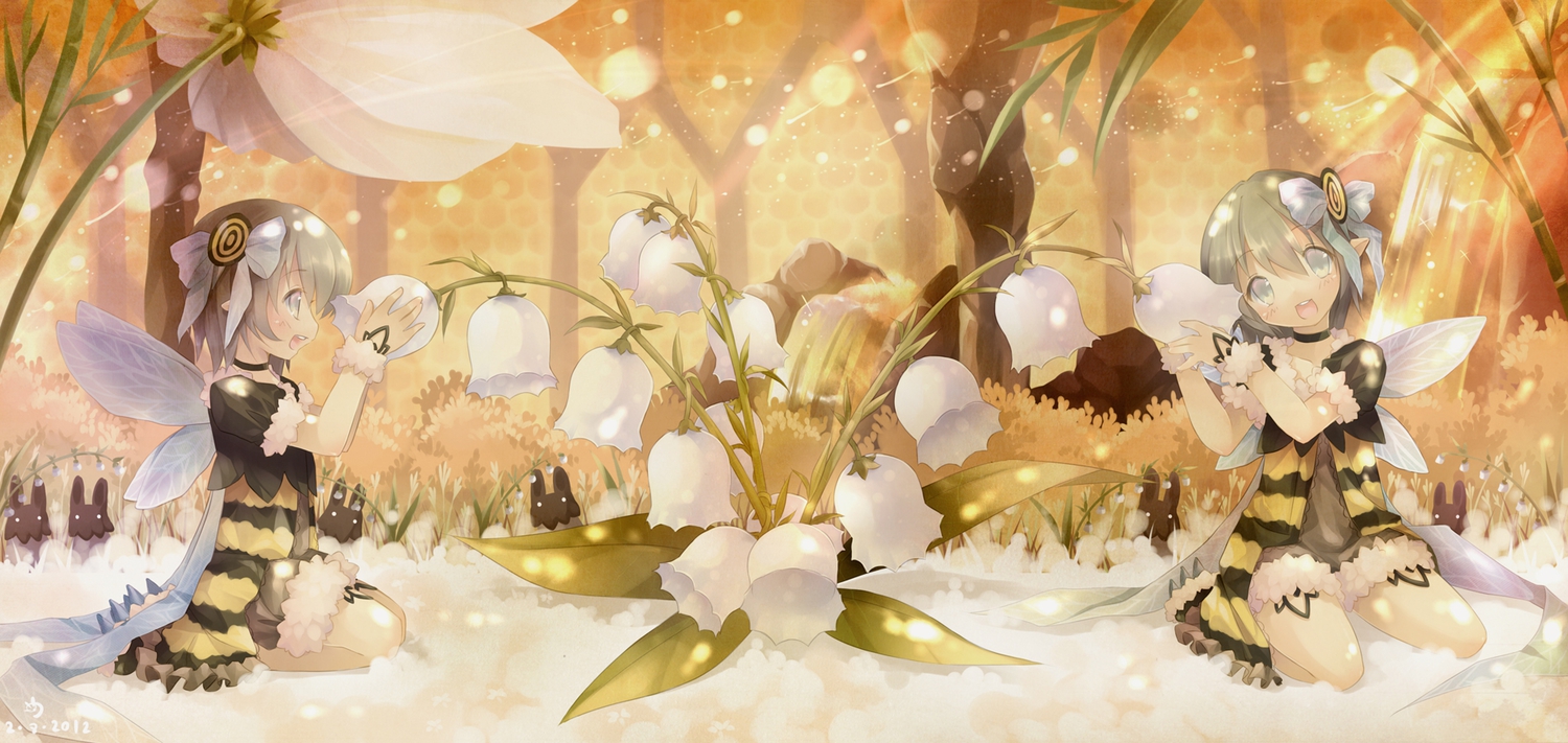 blush, bow, bunny, dress, flowers, gray_eyes, gray_hair, landscape