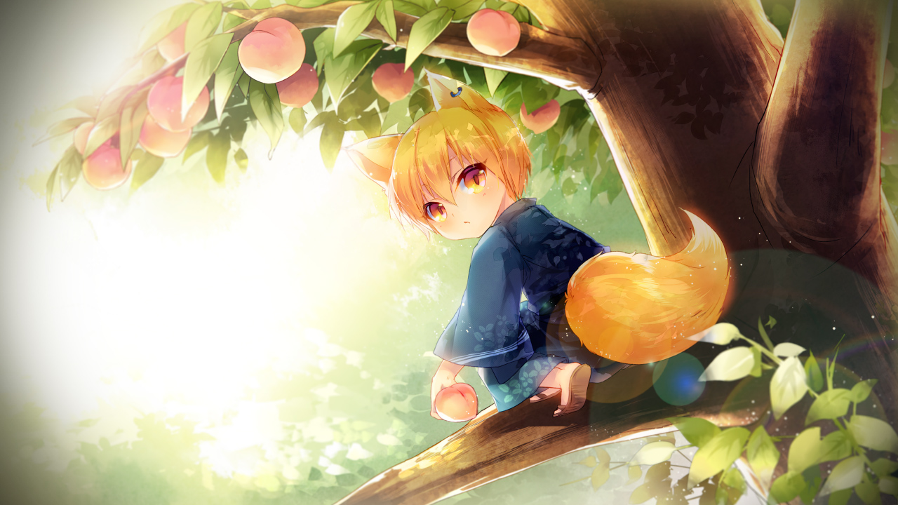 all_male, animal_ears, blonde_hair, food, fruit, japanese_clothes, kimono, kise_ryouta, kuroko_no_basket, male, orange_eyes, short_hair, tail, tree