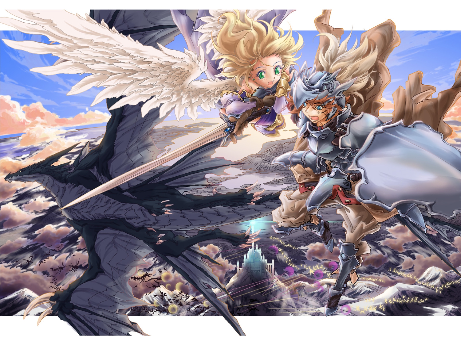armor, blonde_hair, blue_eyes, brown_hair, clouds, dragon, gloves, green_eyes