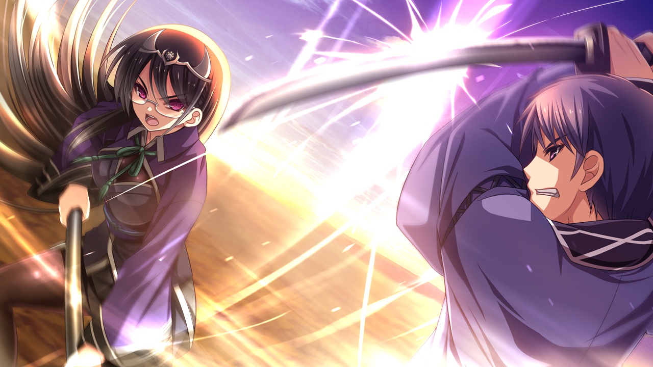 game_cg, glasses, horns, ishida_mitsunari, long_hair, sengoku_hime, sword, weapon