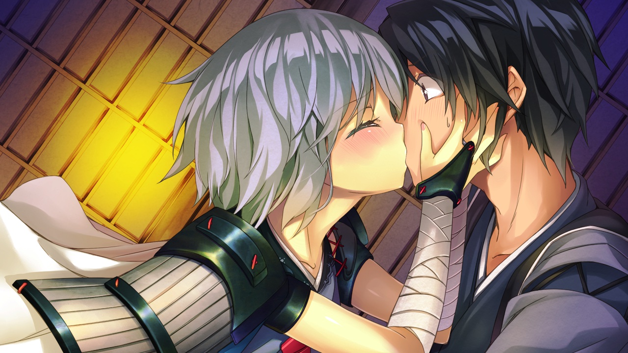 bandage, blush, game_cg, hinasaki, kiss, sengoku_hime, short_hair