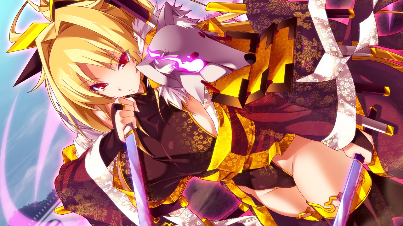 blonde_hair, game_cg, red_eyes, sengoku_hime, sword, weapon