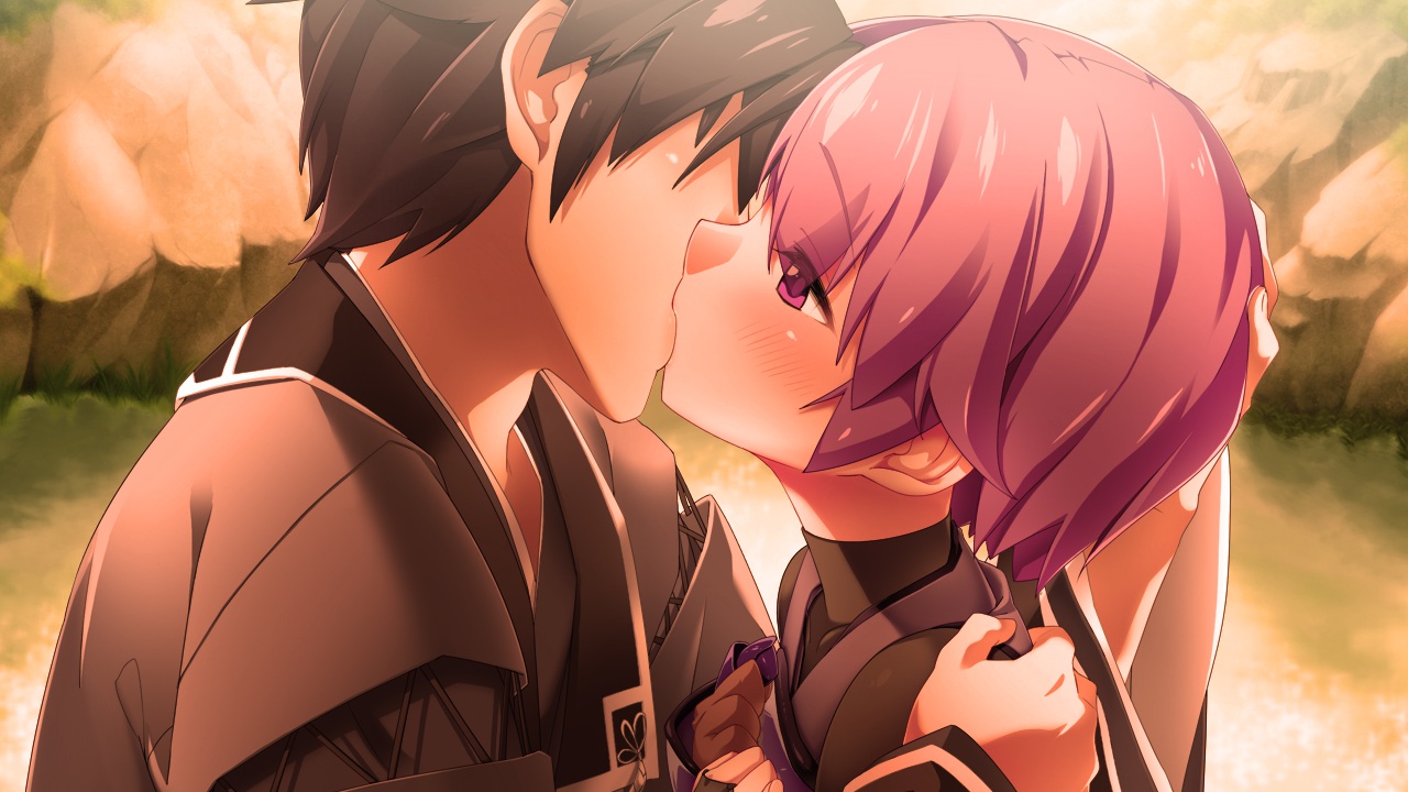 blush, game_cg, kiss, sengoku_hime, short_hair