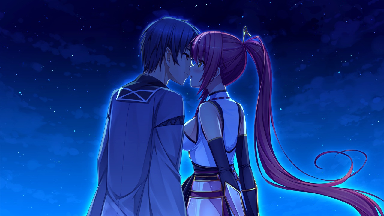 armor, blush, game_cg, kiss, long_hair, night, ponytail, sayori