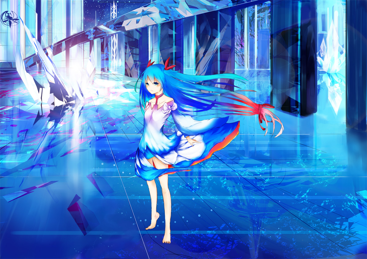 amenosoto, barefoot, blue_eyes, blue_hair, bow, dress, hatsune_miku, landscape, night, scenic, stars, twintails, vocaloid