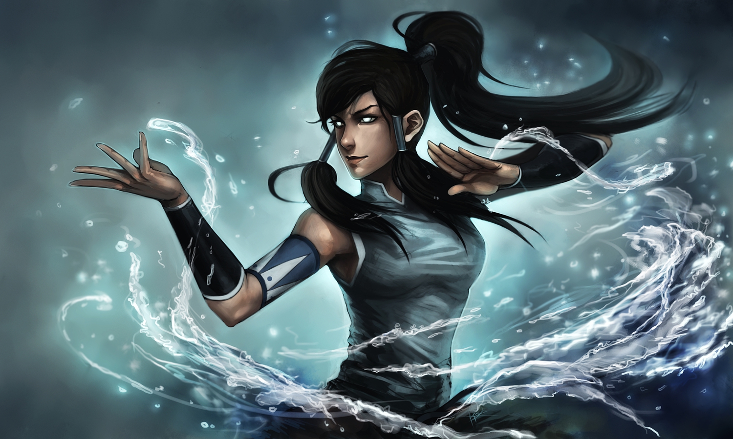avatar, blue, blue_eyes, brown_hair, gradient, korra, water