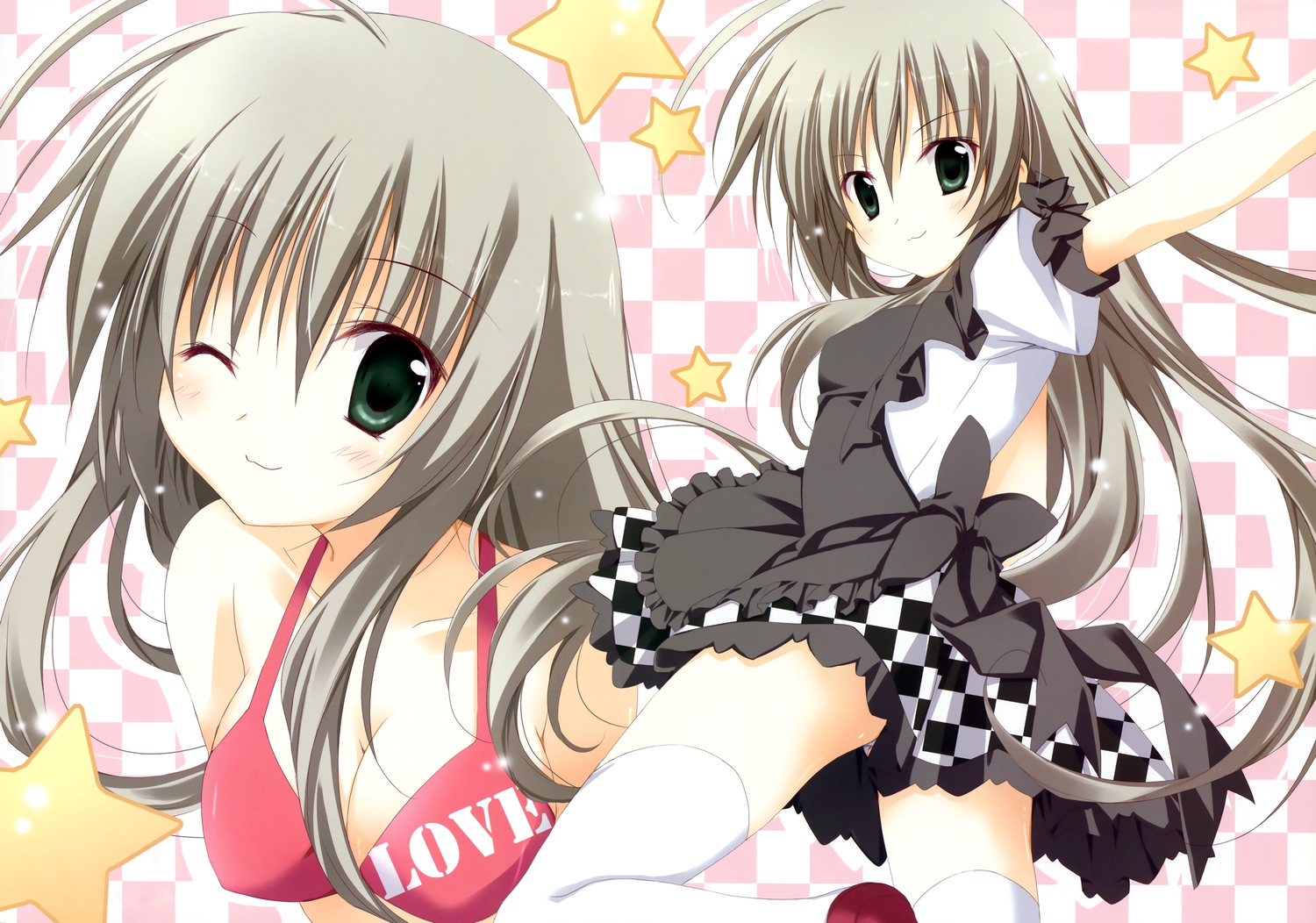 bow, breasts, cleavage, haiyore!_nyaruko-san, korie_riko, long_hair, nyaruko, stars