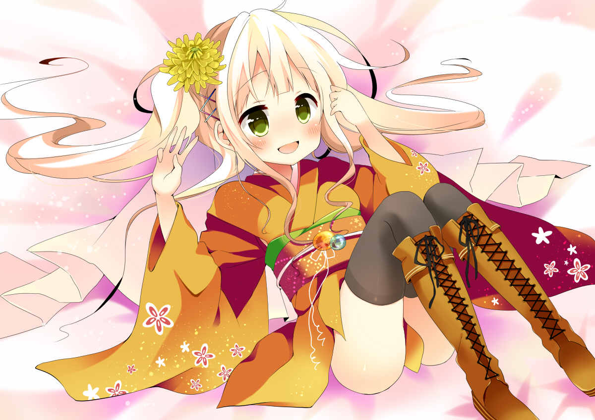 blush, flowers, japanese_clothes, kimono, long_hair, original, thighhighs, uzuki_asa