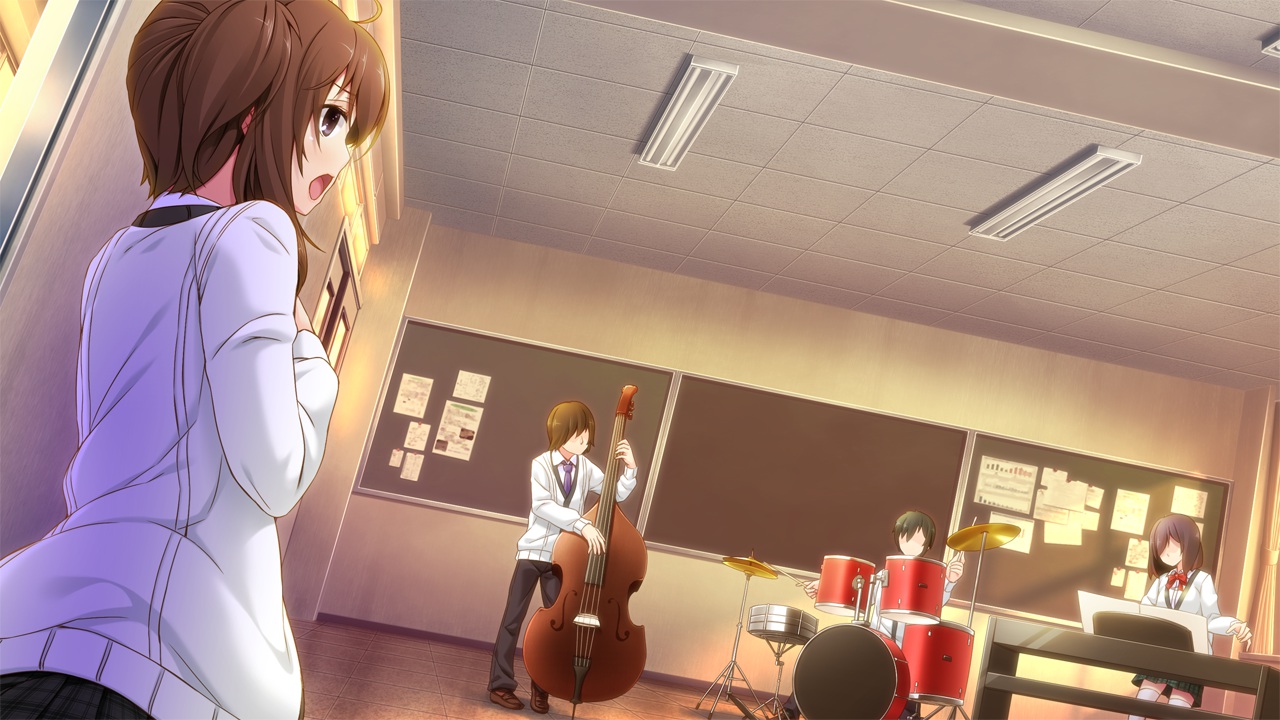 bow, drums, game_cg, hinasaki, instrument, jin_satsuki, jirai_soft, short_hair