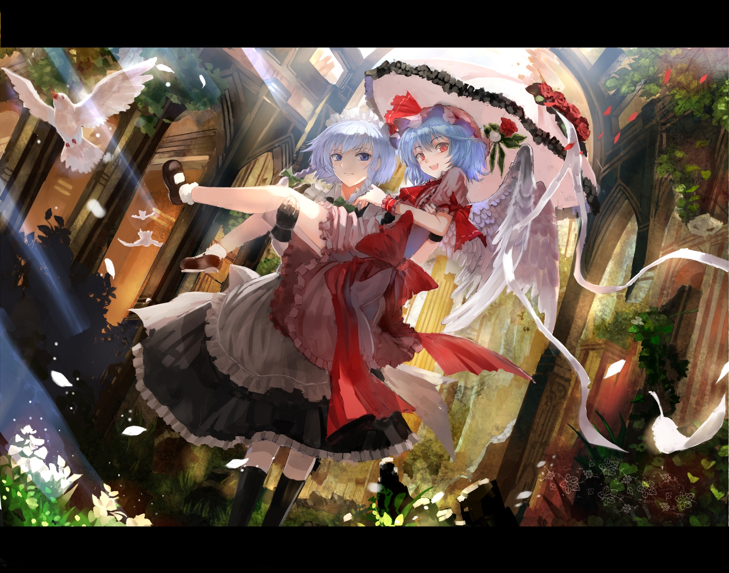 animal, bird, blue_eyes, blue_hair, bow, dress, feathers, flowers