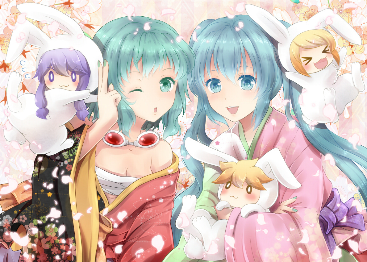 animal_ears, aqua_eyes, aqua_hair, bandage, blonde_hair, blush, bow, breasts, bunny_ears, bunnygirl, cat_smile, chibi, cleavage, flowers, goggles, green_eyes, green_hair, group, gumi, hatsune_miku, hood, japanese_clothes, kagamine_len, kagamine_rin, kamui_gakupo, kimono, long_hair, male, petals, purple_hair, sarashi, short_hair, sunglasses, twintails, underwear, vocaloid, wink, zashiki_usagi