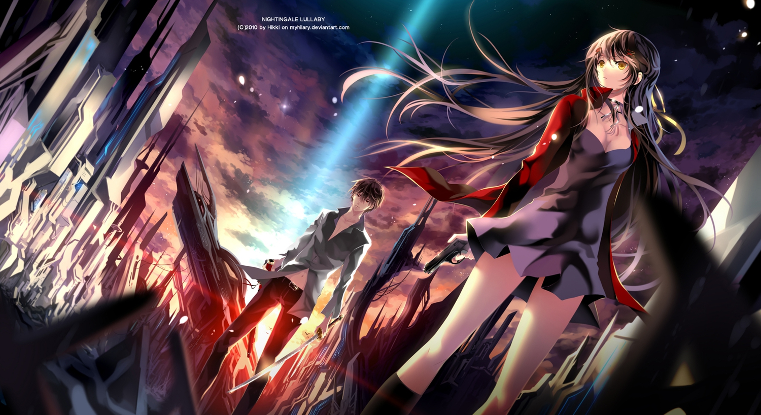 breasts, brown_hair, cleavage, clouds, collar, dress, gun, katana, kneehighs, long_hair, myhilary, navel, original, petals, red_eyes, short_hair, sky, stars, sunset, sword, watermark, weapon, yellow_eyes