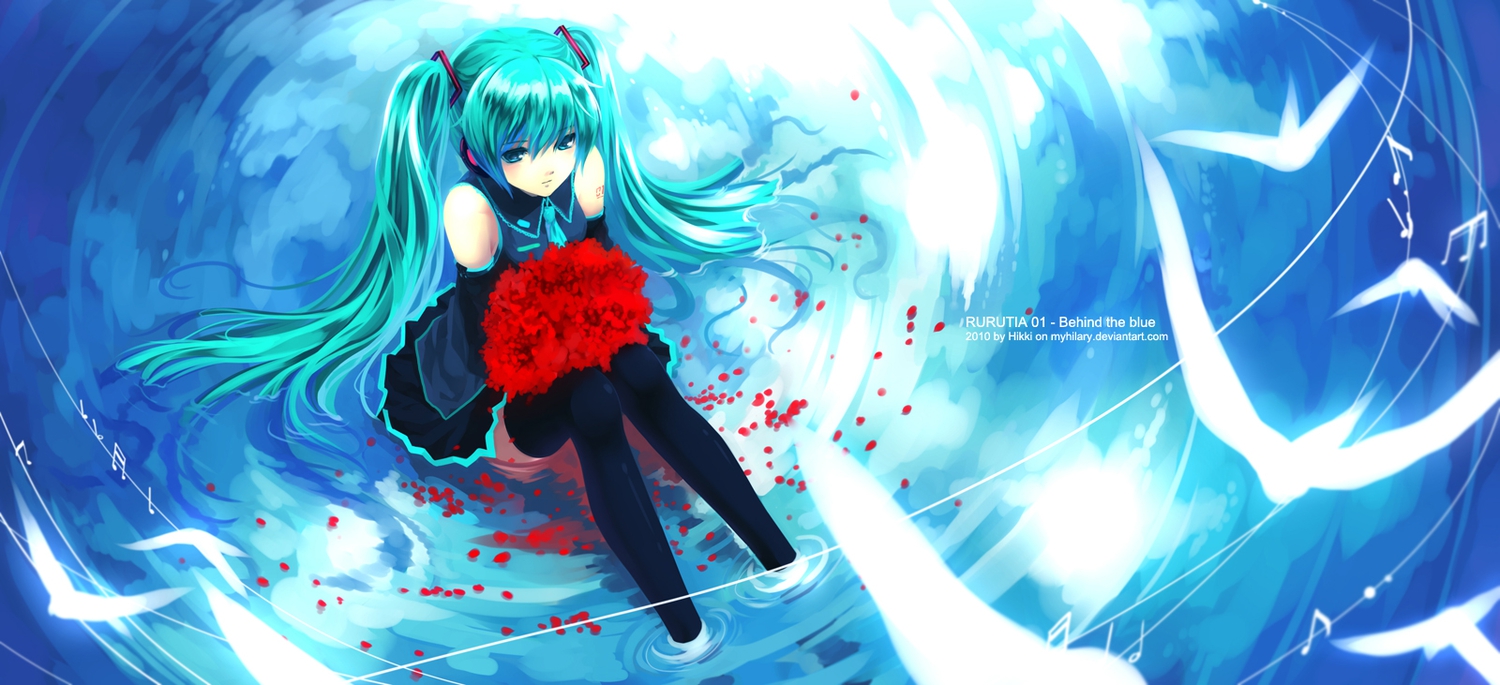 animal, aqua_eyes, aqua_hair, bird, flowers, hatsune_miku, long_hair, music