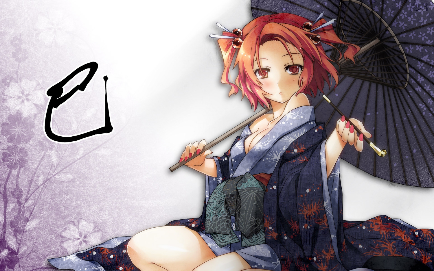 breasts, cleavage, flowers, japanese_clothes, jpeg_artifacts, kimono, onozuka_komachi, red_eyes, red_hair, short_hair, touhou, umbrella, yuuki_eishi