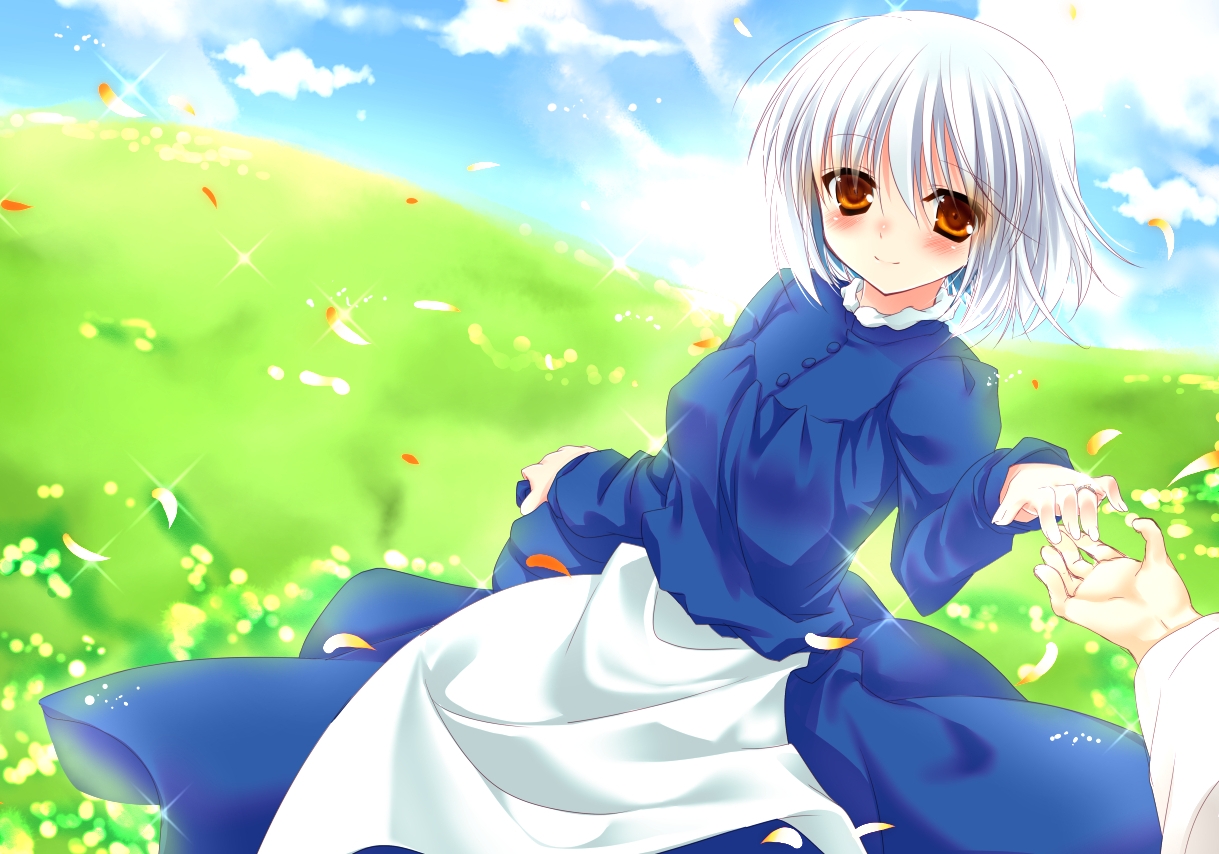 blush, clouds, dress, howl's_moving_castle, inose_riku, petals, short_hair, sky, sophie_hatter