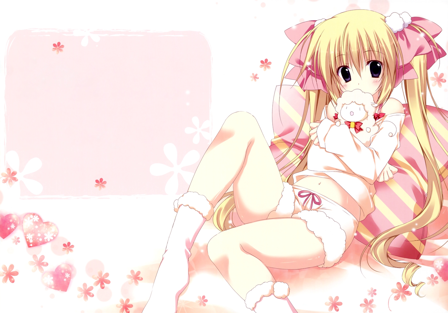 animal, blonde_hair, blush, gakuou, korie_riko, lohenstein_annemarie, long_hair, navel, socks, twintails