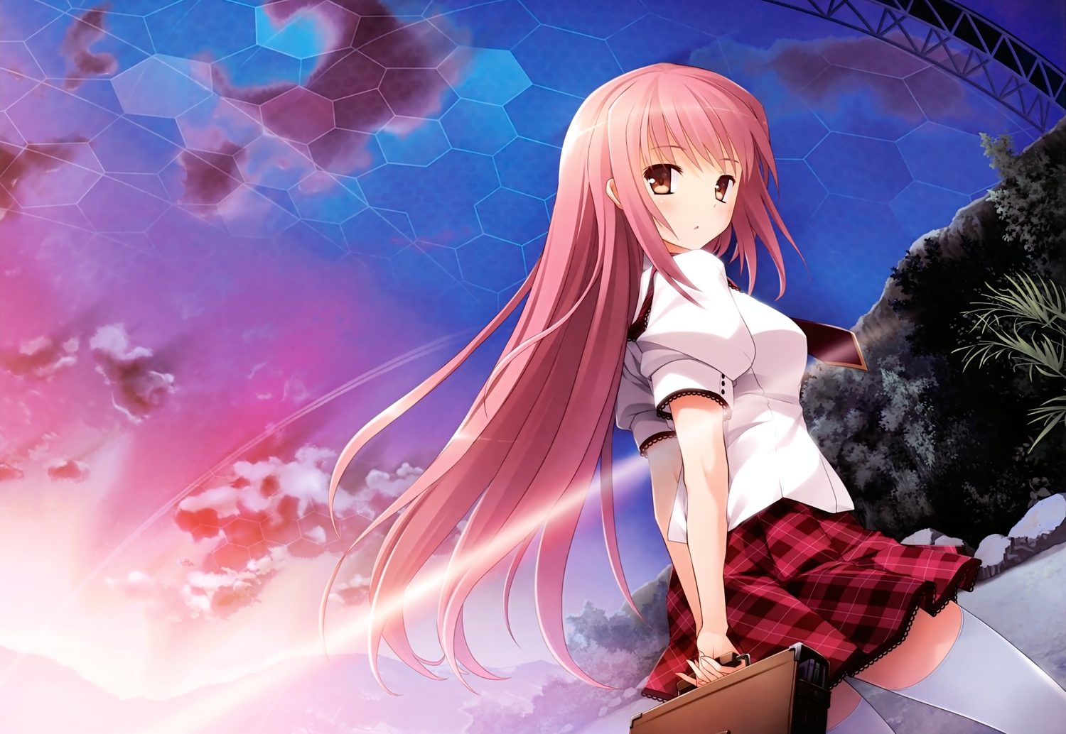 brown_eyes, clouds, imouto_no_katachi, long_hair, mutou_kurihito, pink_hair, school_uniform, sena_miyuki, skirt, sky, sphere, sunset, thighhighs, tie