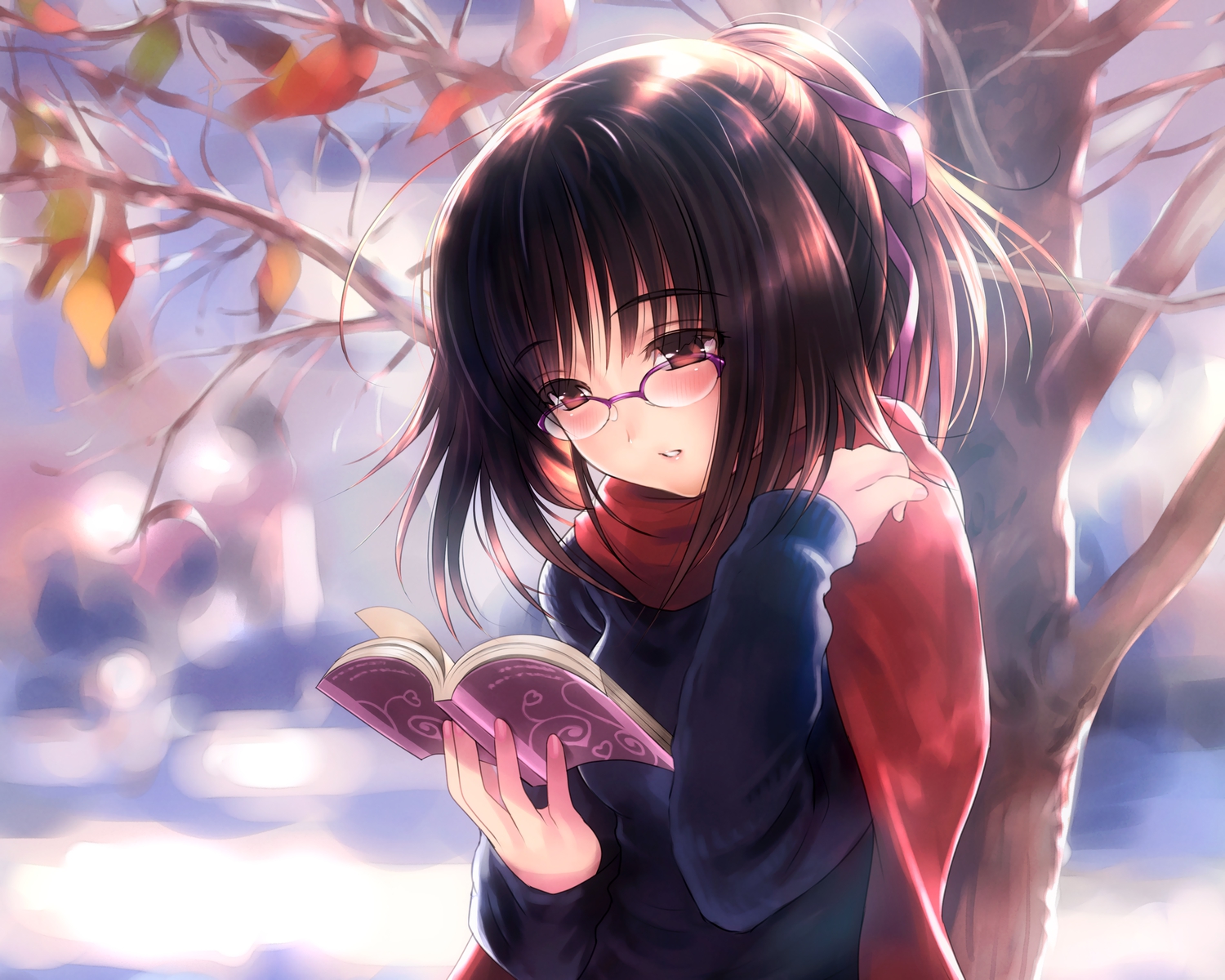 autumn, blush, book, brown_eyes, brown_hair, cropped, glasses, goto_p, leaves, original, red_eyes, scarf, short_hair, tree