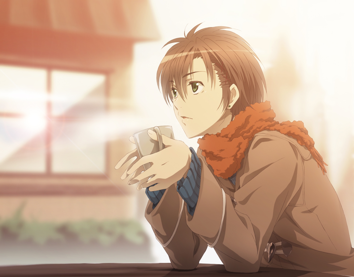 all_male, brown_hair, green_eyes, hakumai_(jamaika), male, scarf, short_hair, takigawa_yoshino