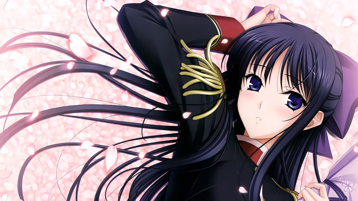 black_hair, blush, komori_kei, long_hair, petals, ryuuzouji_akane, school_uniform, walkure_romanze