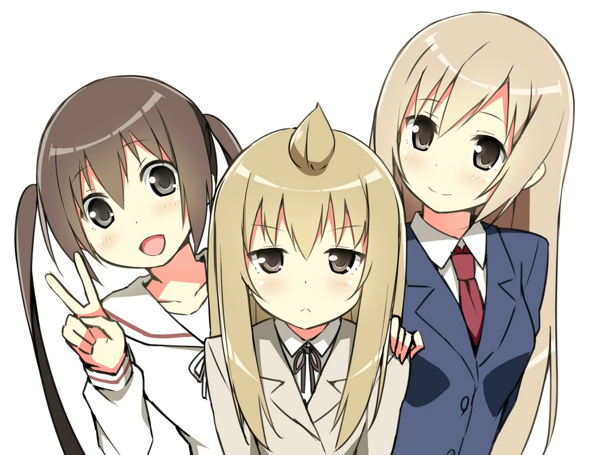 blonde_hair, brown_hair, green_eyes, long_hair, minami_chiaki, minami_haruka, minami_kana, minami-ke