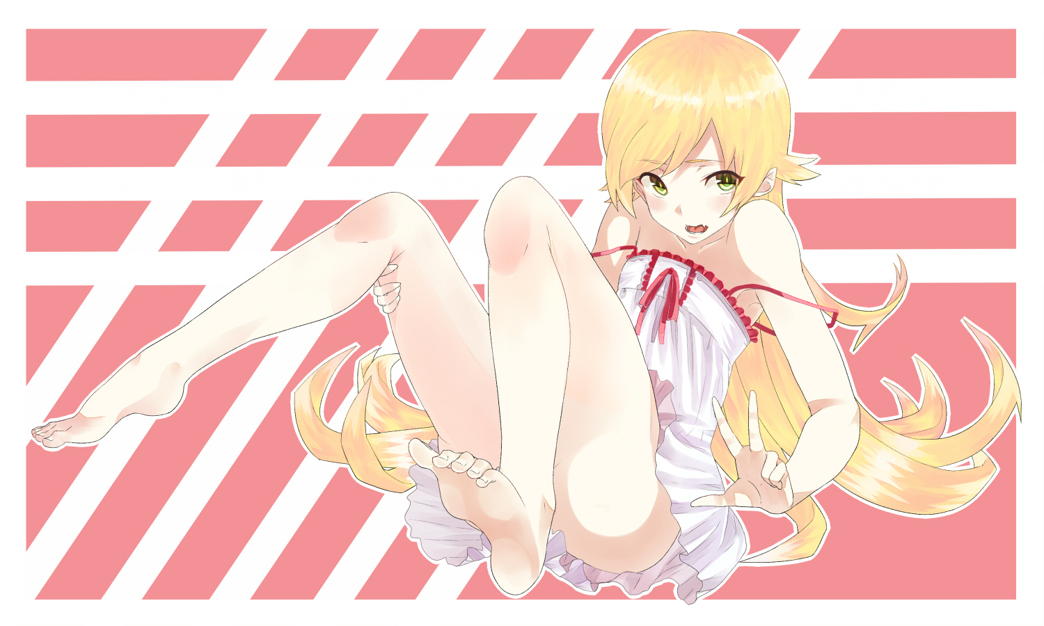 barefoot, blonde_hair, dress, fang, loli, long_hair, monogatari_(series), oshino_shinobu, pointed_ears, shikuro_(masax1107), vampire, yellow_eyes