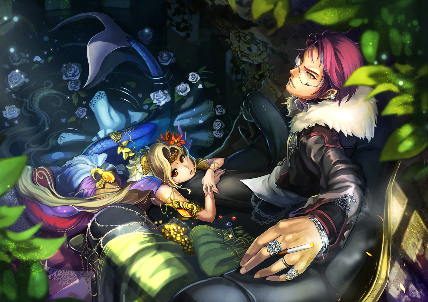 animal_ears, blonde_hair, brown_eyes, chain, cigarette, flowers, glasses, jizero