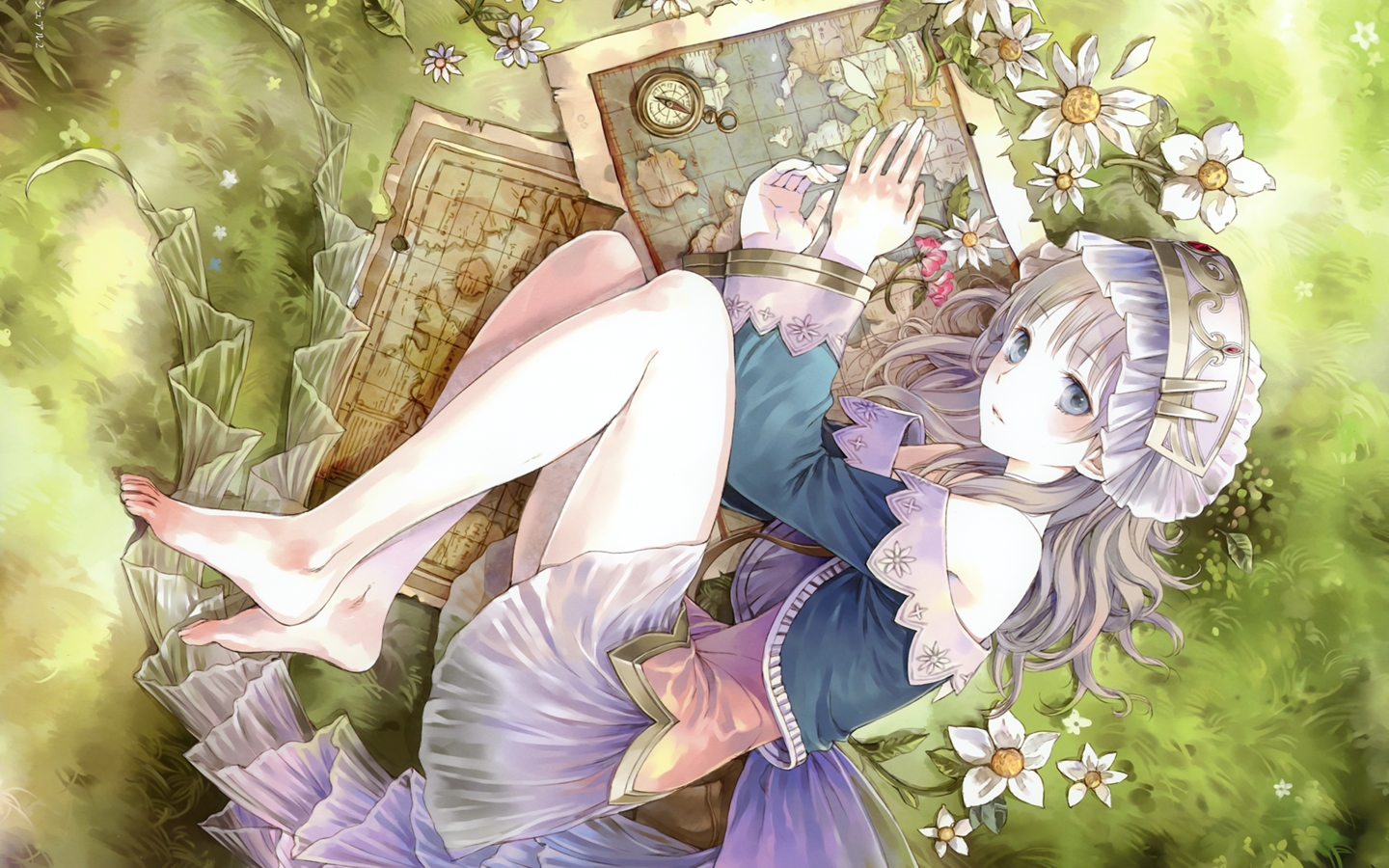 atelier_totori, barefoot, brown_hair, dress, flowers, grass, hat, kishida_mel